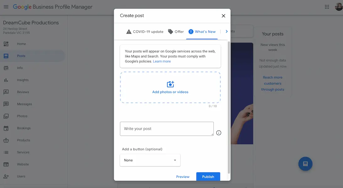 This image shows DreamCube Productions' Google Business Profile Manager's "Create post" interface, highlighting the post area with options to add photos, write text, and add a button. The left menu shows various management options, and to the right, a snippet displays post views with a note on data updates. The screen also features tips on reaching more customers and a publish button.