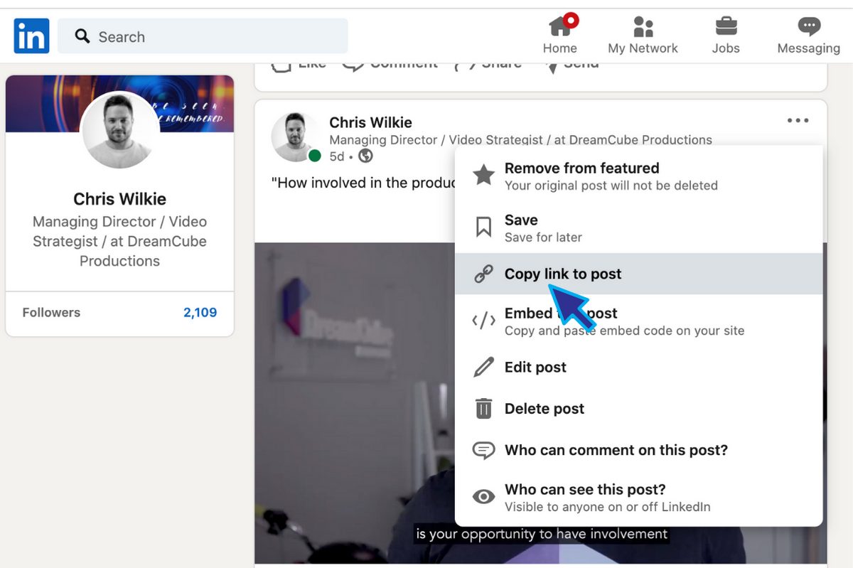 LinkedIn: Chris Wilkie's dropdown menu shows 'Embed this post' highlighted on his profile.