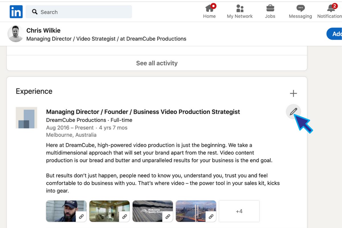 LinkedIn: Chris Wilkie's 'Experience' shows DreamCube Productions with video thumbnails.