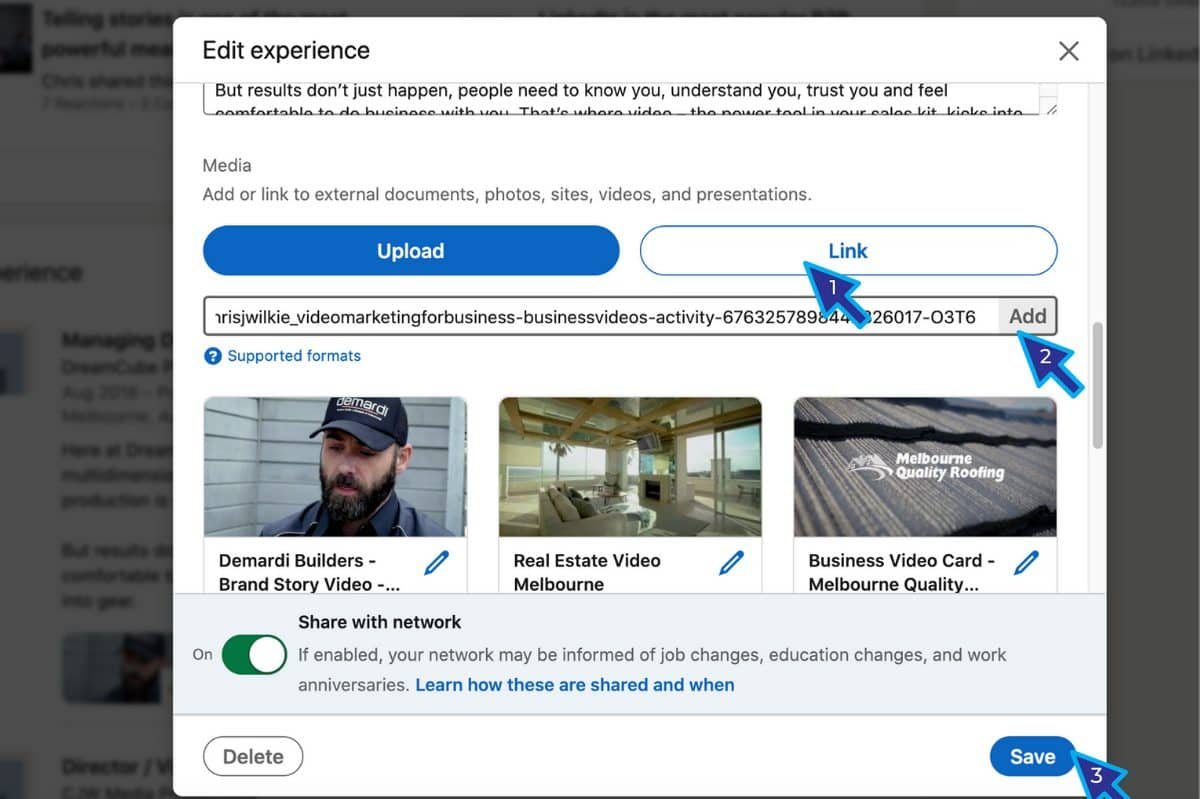Edit experience': LinkedIn shows video thumbnails, cursor hovers over 'Add' in dialog.