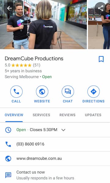 The image  of the Google My Business listing for DreamCube, rated 5.0 stars from 51 reviews.